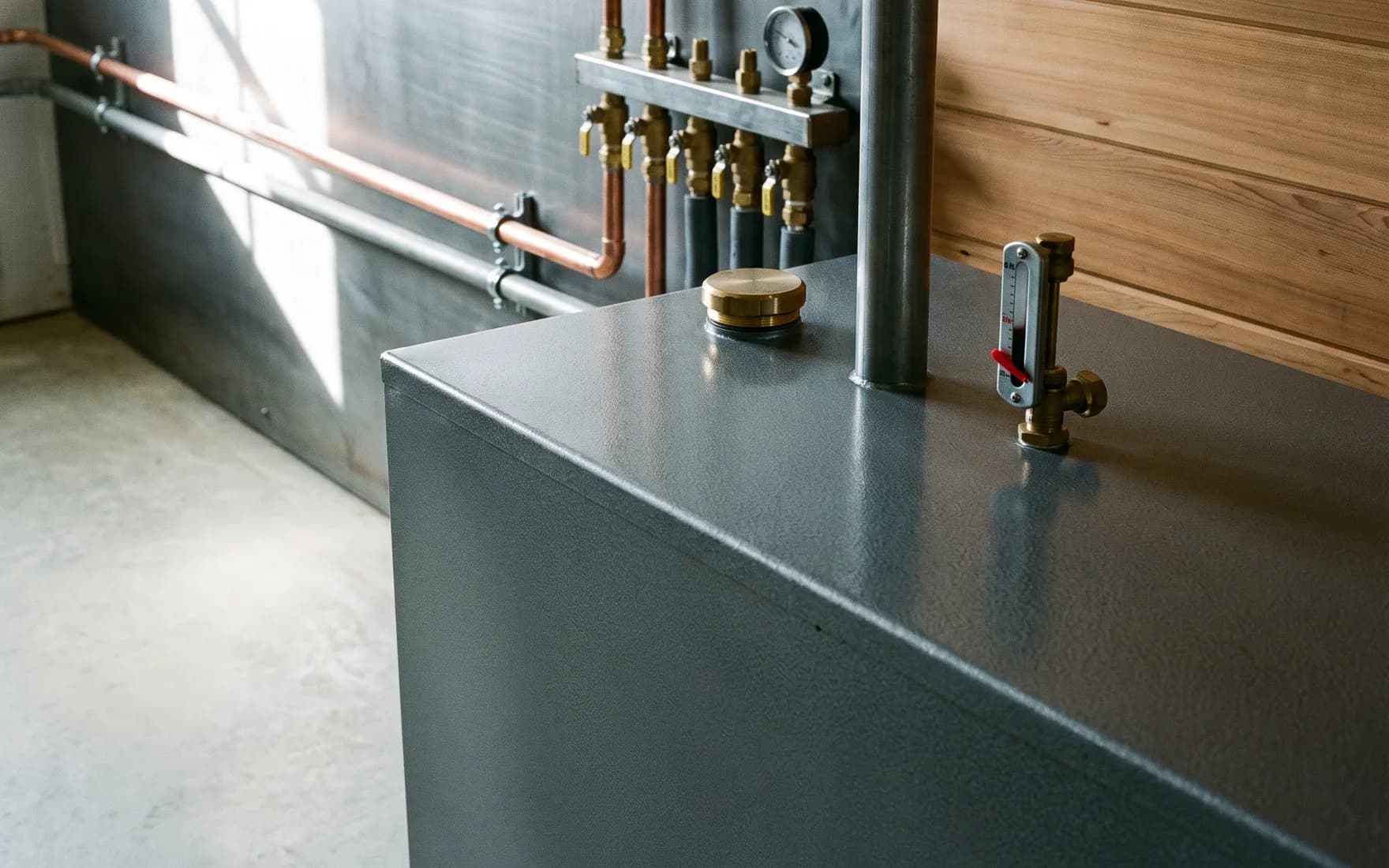 Oil storage tank with a brass fill cap and a sight gauge, a hydronic manifold on the wall behind it